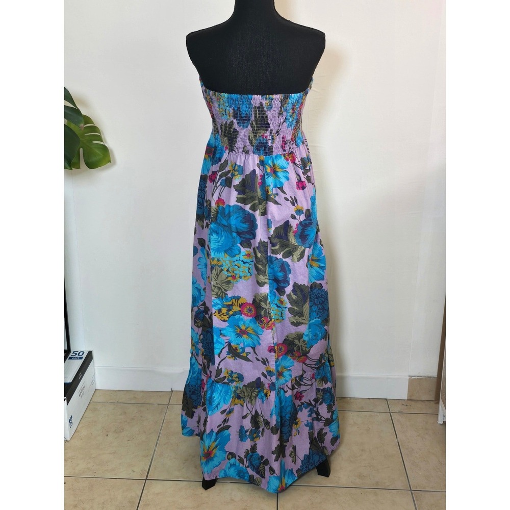 Floral Strapless Maxi Dress Size 2 Purple Blue Cotton vacation resortwear summer - Picture 3 of 7